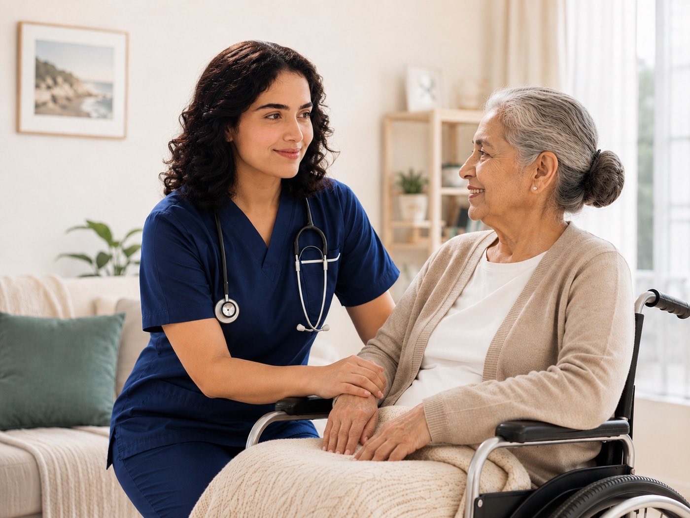 A Kalgi Care registered nurse sitting beside a smiling older woman in a wheelchair in her living room.